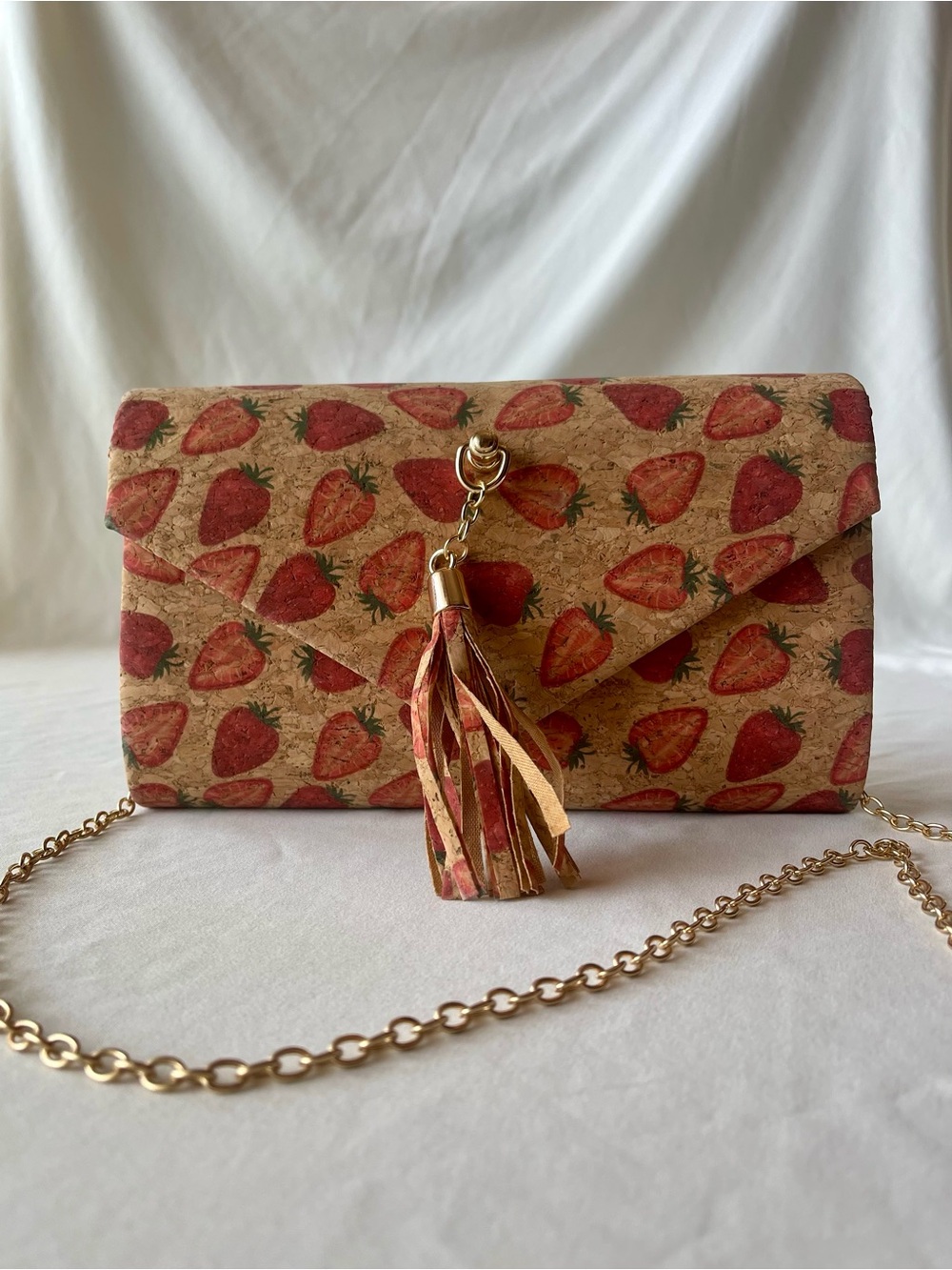 Cork Strawberry Clutch Handbag Red and Tan with Tassel and Gold Tone Chain